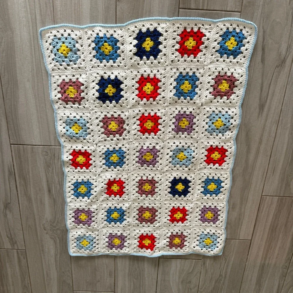 Handmade Crochet Granny Square Baby Blanket MultiColor White 24x36 Nursery Throw